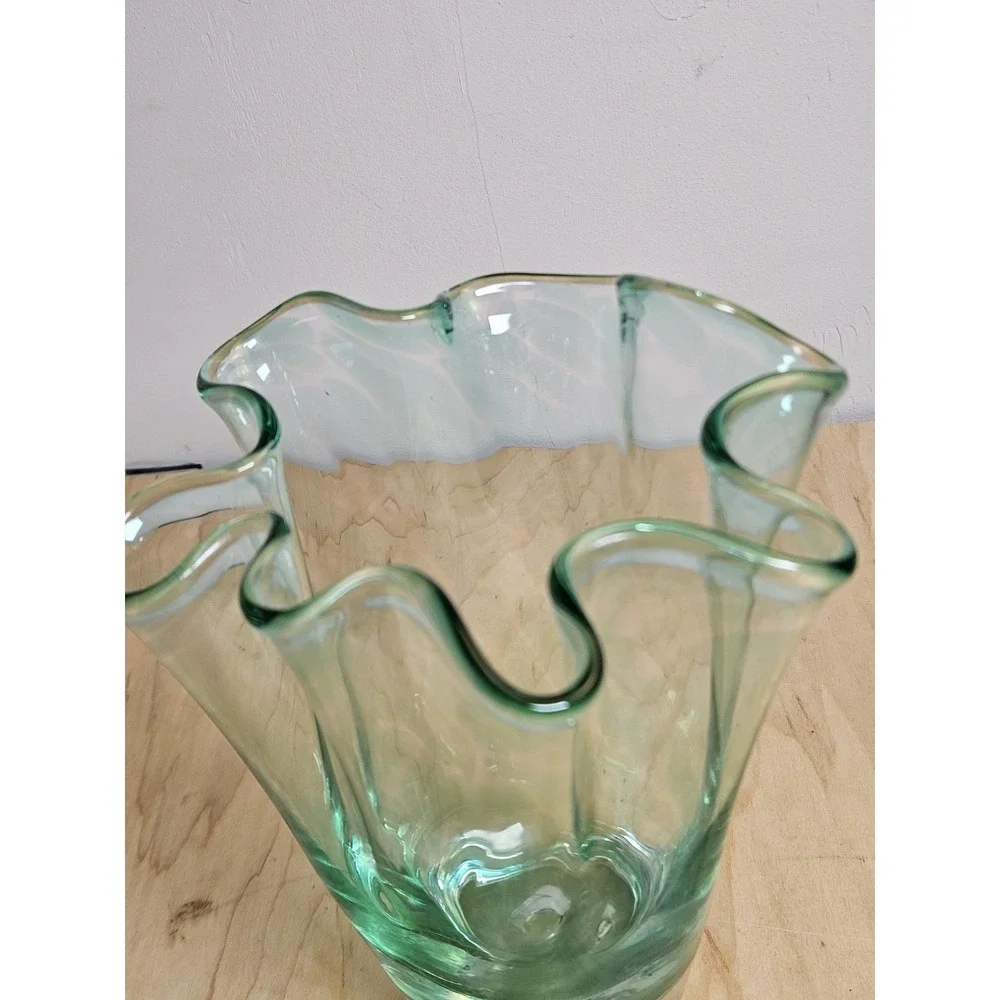 Hand Blown Art Glass Vase Clear Green Striped Ruffled Rim 7 Inch Decorative
